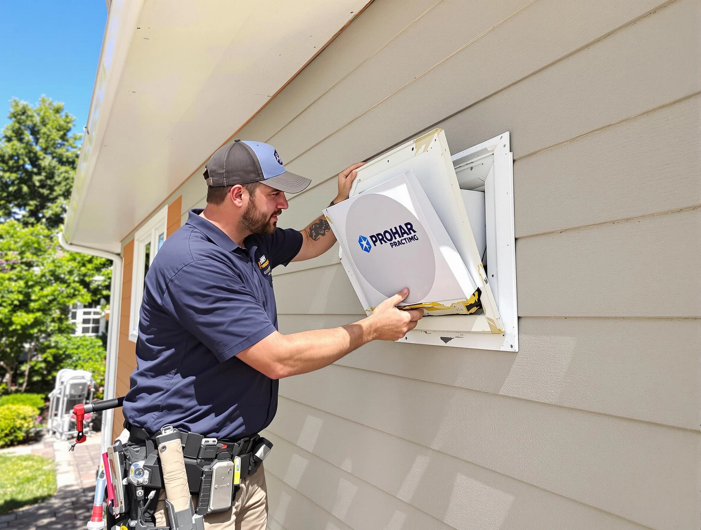 Lincoln Dryer Vent Cleaning technician installing a new protective dryer vent cover on a home in Lincoln