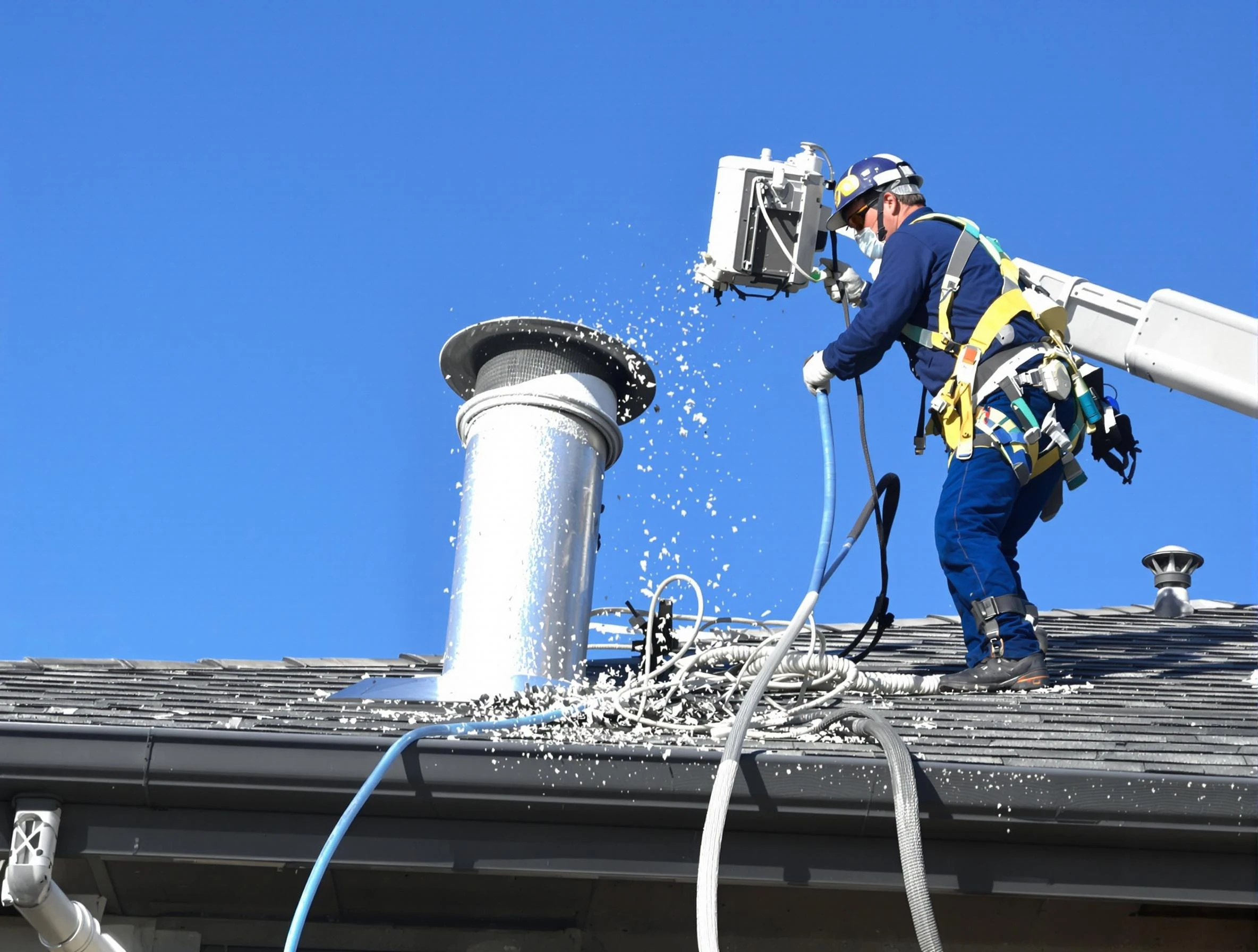 Lincoln Dryer Vent Cleaning certified technician safely cleaning a roof-mounted dryer vent in Lincoln