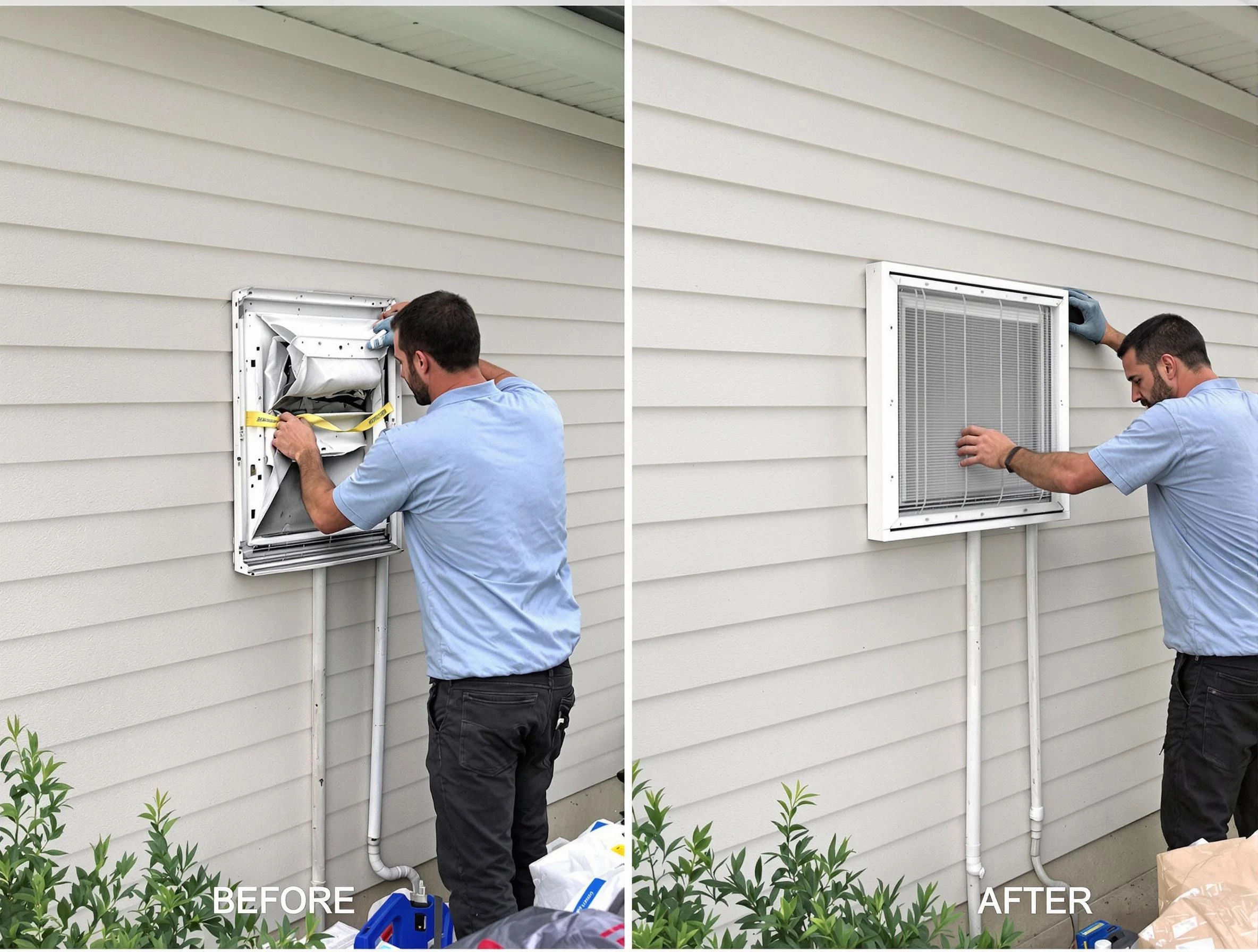 Lincoln Dryer Vent Cleaning technician installing high-quality dryer vent cover at a residential property in Lincoln